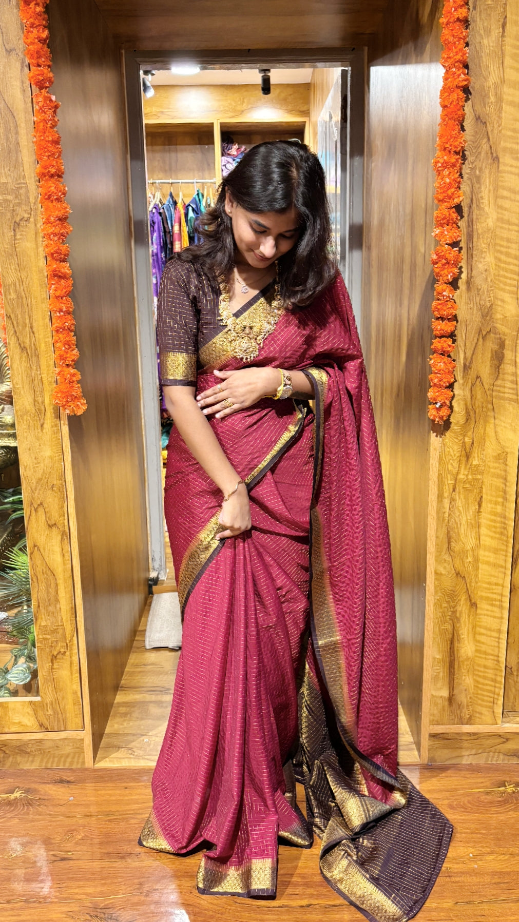 Semi Mysore silk checks(1pieces left) all sarees come with elbow length sleeves