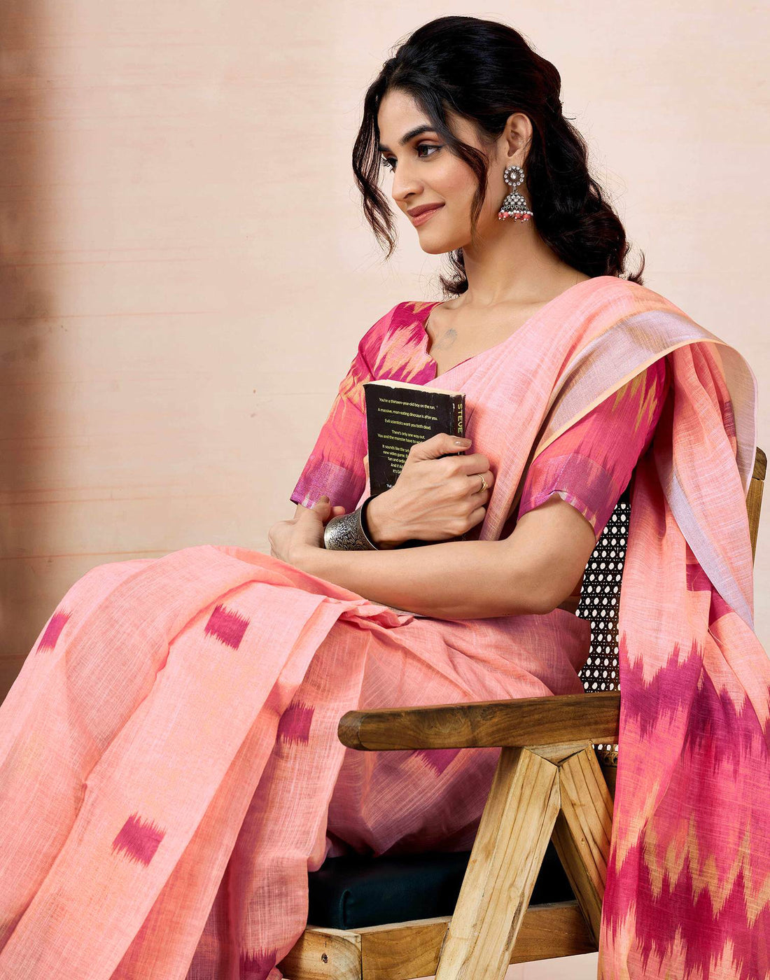 Ready To Wear Peach Linen Printed Saree With Pocket