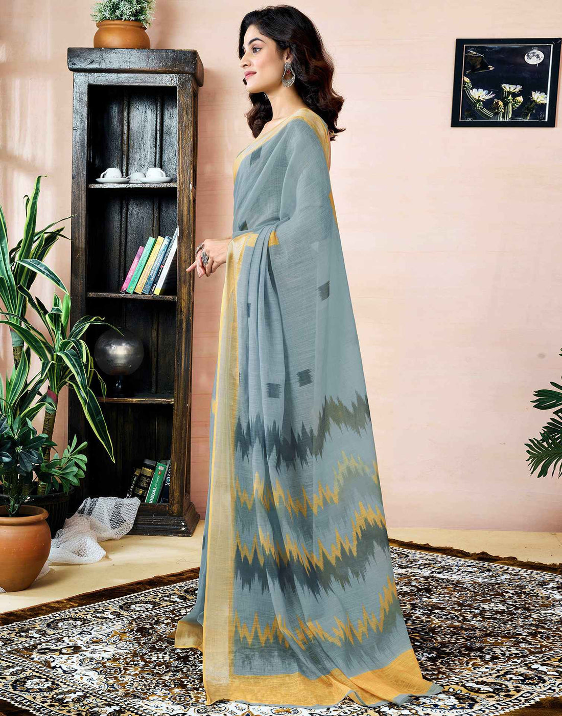 Ready To Wear Grey Linen Printed Saree With Pocket
