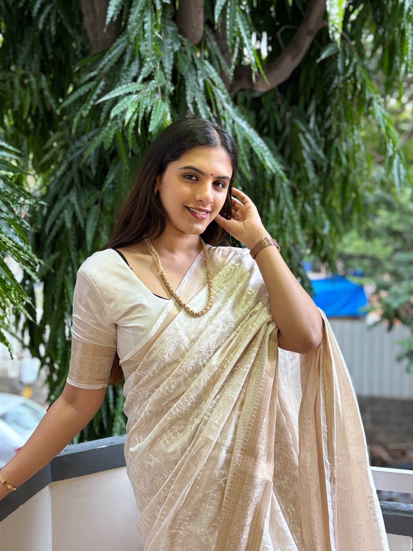 Off white warli printed saree