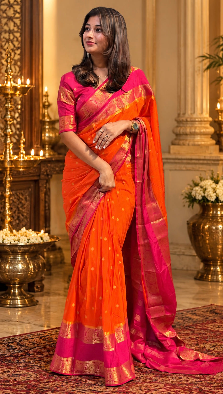 Orange pink crepe silk saree