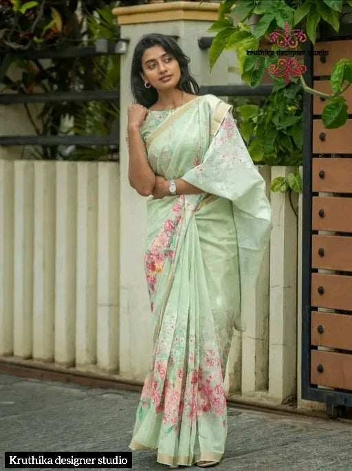 Cotton linen zip n go saree with highneck blouse
