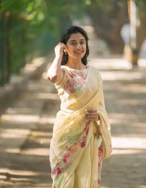 Cotton linen zip n go saree with highneck blouse