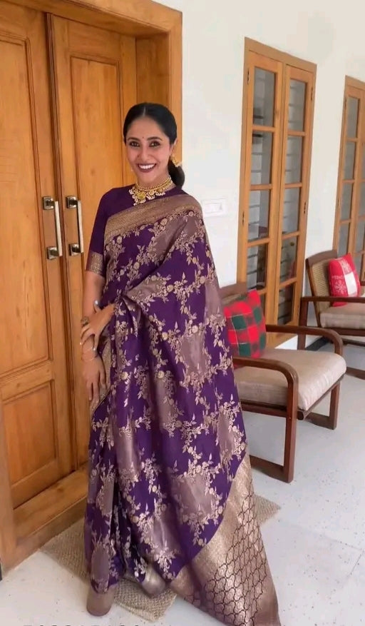 Purple semi banarasi silk zip n go saree with highneck blouse