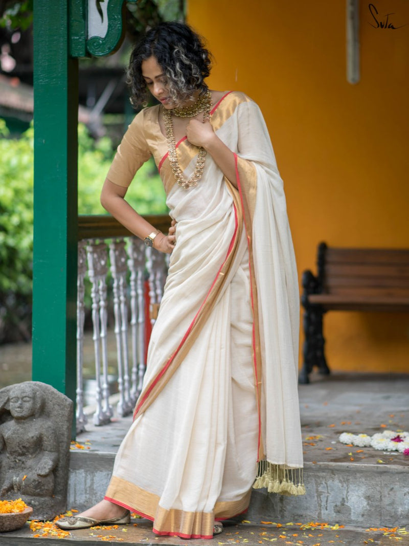 White red onam saree