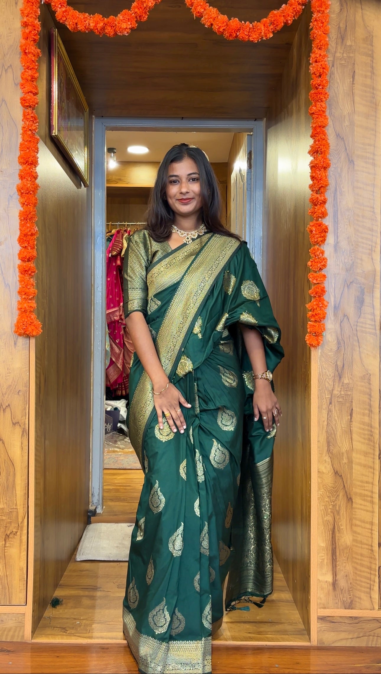 green banarasi satin saree