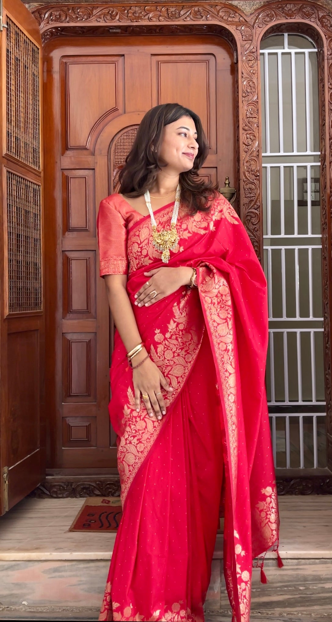 Woman wearing a ready-to-wear saree easily without draping, showcasing modern pre-stitched saree style for beginners