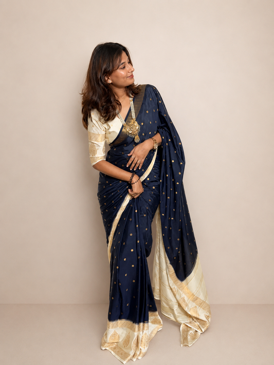 Mysore crepe silk off white boarder saree