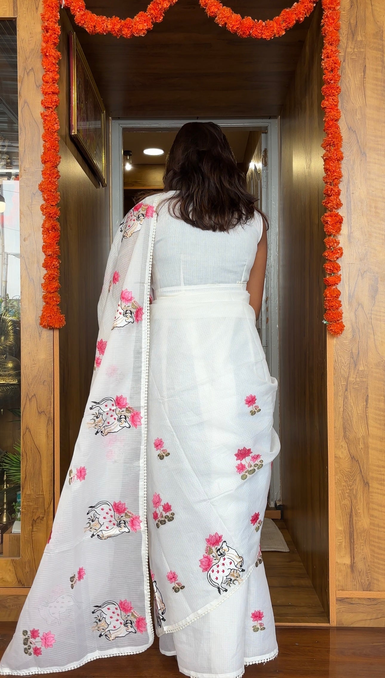 White Party wear Kota linen saree(sleeves attached inside)