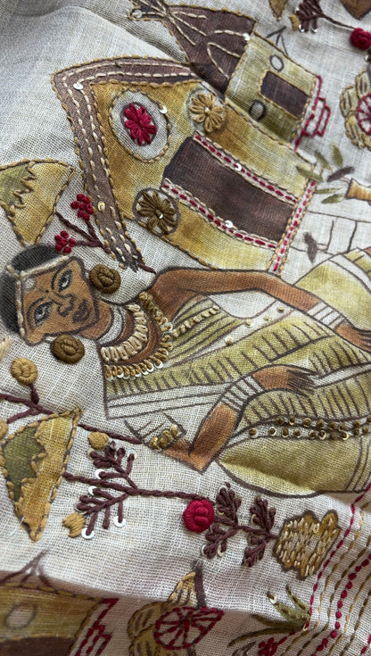 Linen handwork saree (hand painted )