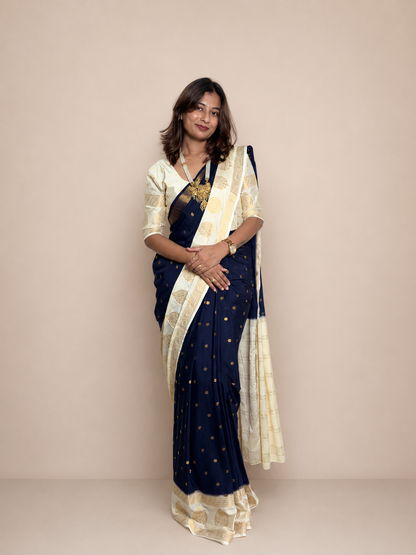 Mysore crepe silk off white boarder saree