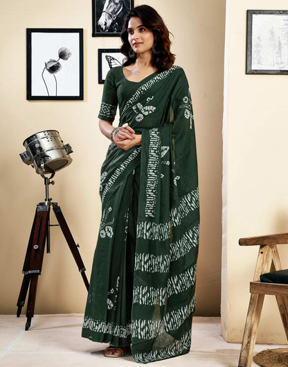 Ready To Wear Dark Green Pure Cotton Printed Saree With Pocket
