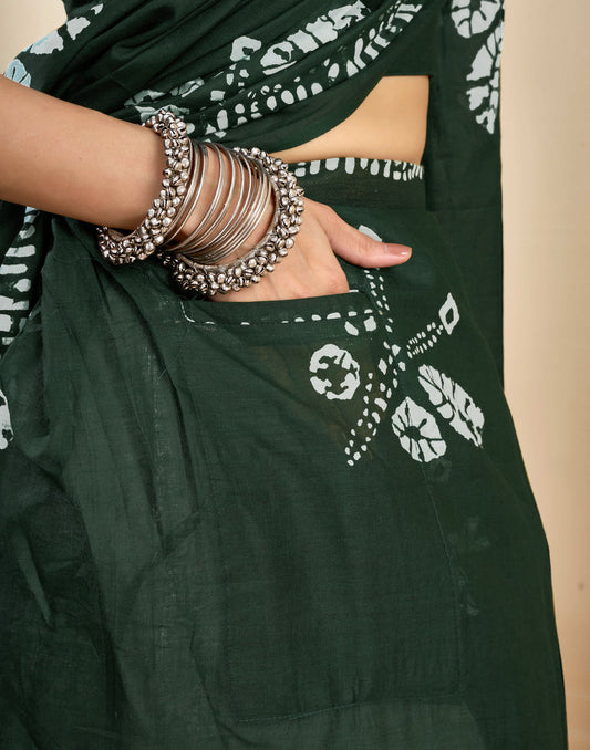 Ready To Wear Dark Green Pure Cotton Printed Saree With Pocket
