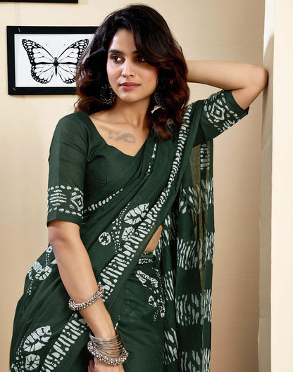 Ready To Wear Dark Green Pure Cotton Printed Saree With Pocket