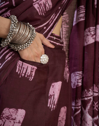 Ready To Wear Wine Pure Cotton Printed Saree With Pocket