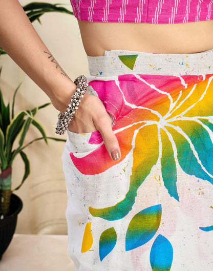 Ready To Wear White Pure Cotton Floral Printed Saree With Pocket