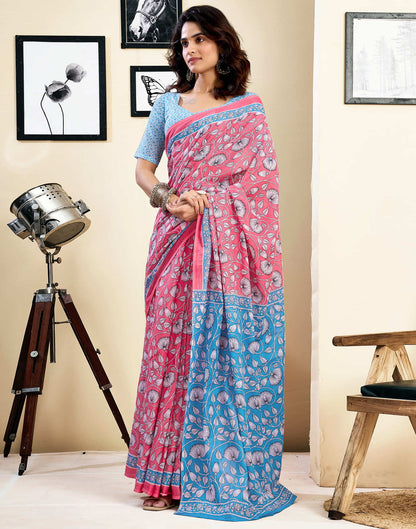 Ready To Wear Pink Pure Cotton Floral Printed Saree With Pocket