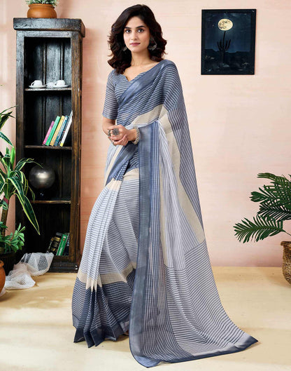 Ready to Wear Grey Linen Printed Saree With Pocket