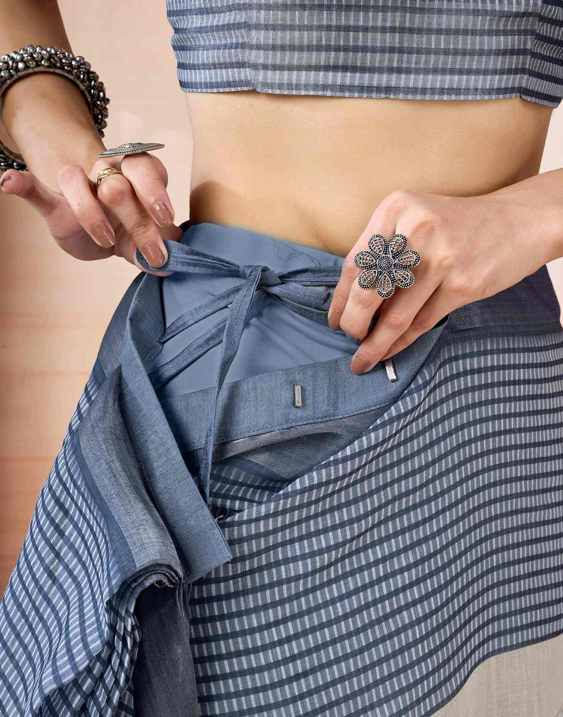 Ready to Wear Grey Linen Printed Saree With Pocket