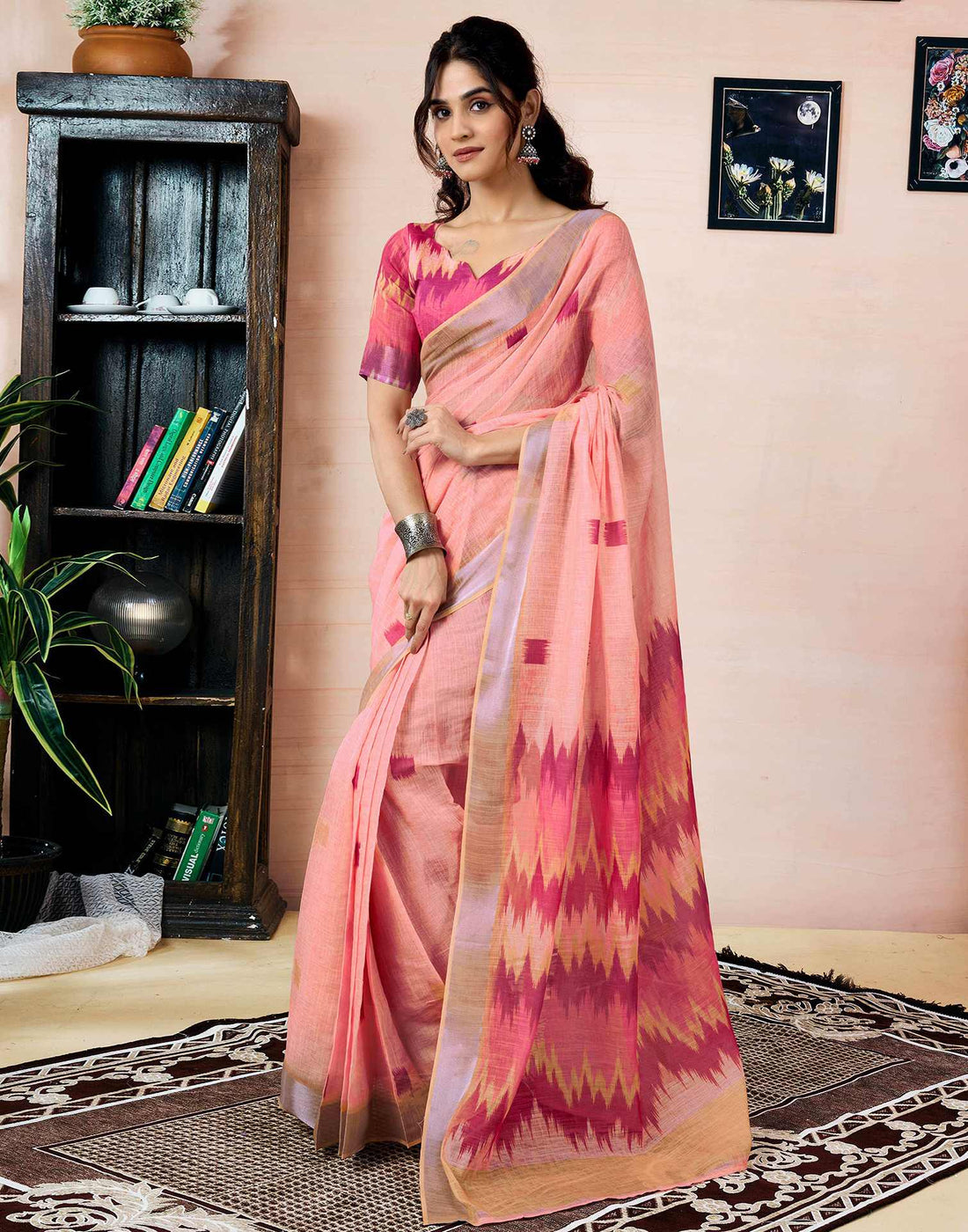 Ready To Wear Peach Linen Printed Saree With Pocket