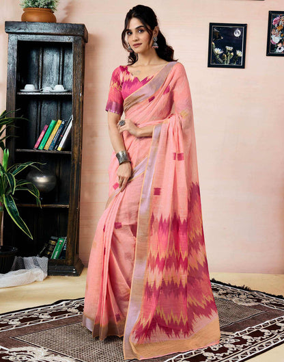 Ready To Wear Peach Linen Printed Saree With Pocket