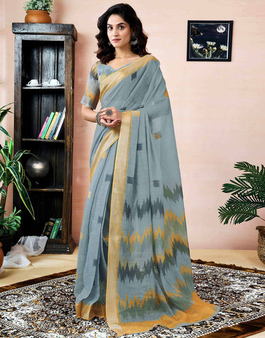 Ready To Wear Grey Linen Printed Saree With Pocket