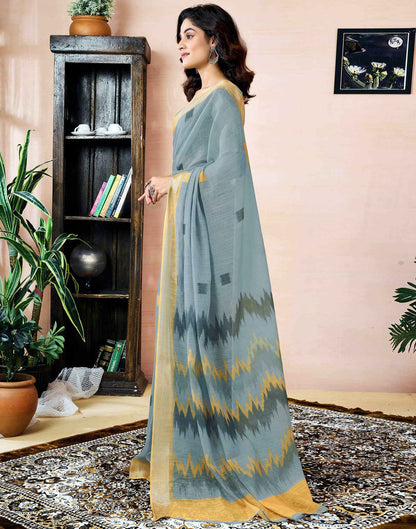 Ready To Wear Grey Linen Printed Saree With Pocket