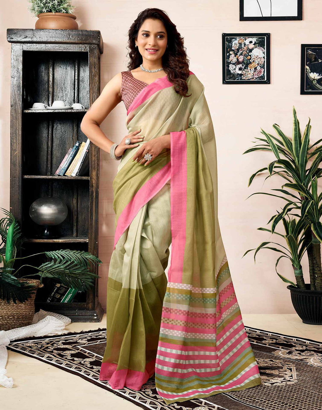 Ready To Wear Green Chanderi Printed Saree With Pocket