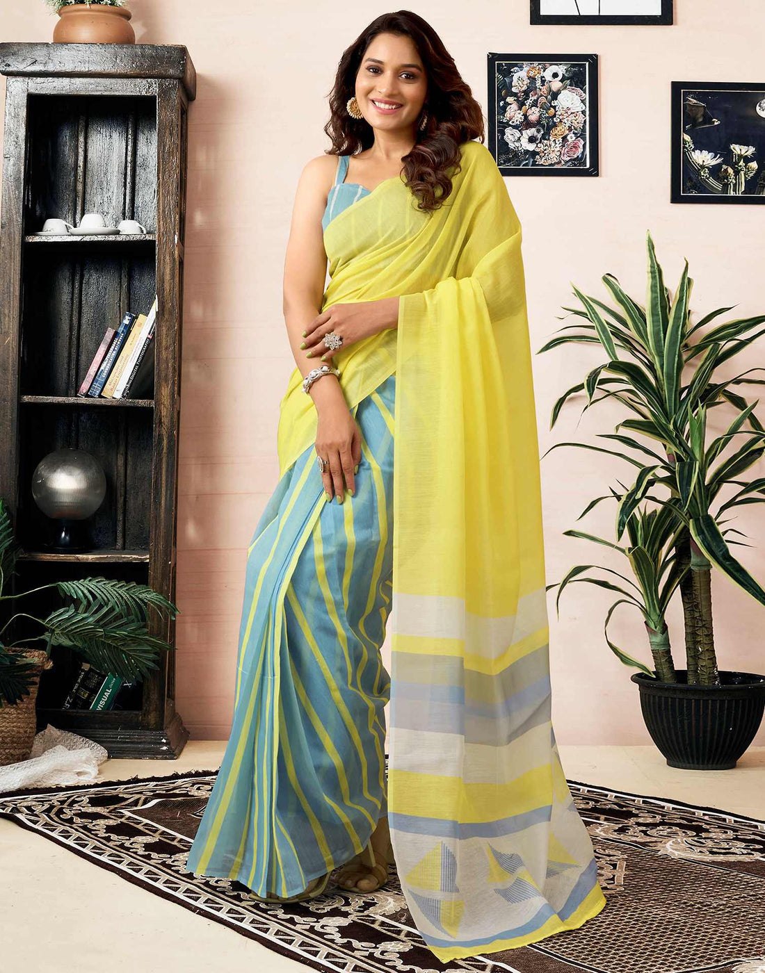 Ready To Wear Bright Yellow Chanderi Printed Saree With Pocket