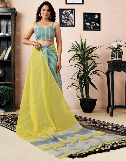 Ready To Wear Bright Yellow Chanderi Printed Saree With Pocket