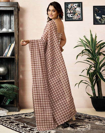 Ready To Wear Brow Chanderi Printed Saree With Pocket