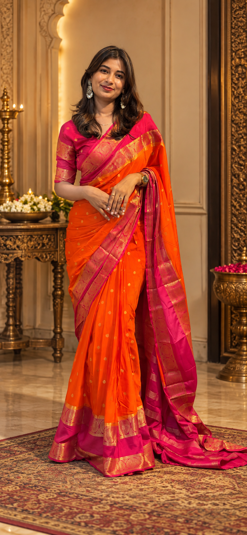 Orange pink crepe silk saree