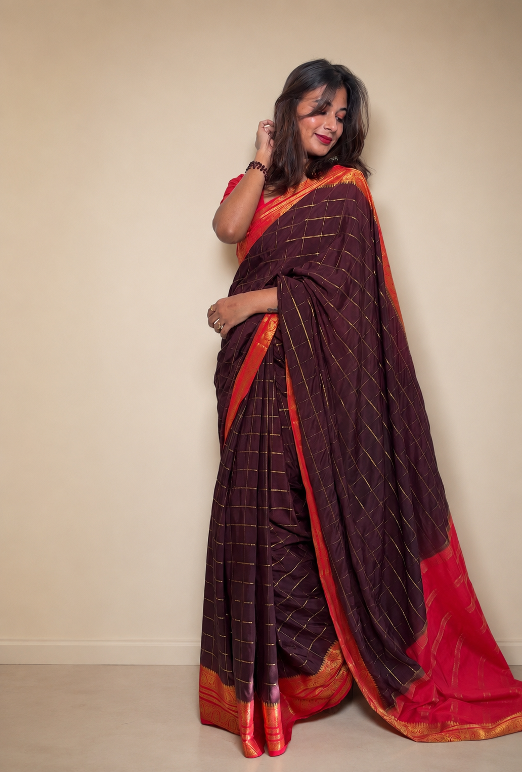 Mysore Crepe Silk Vintage Checks Saree (Copy)
