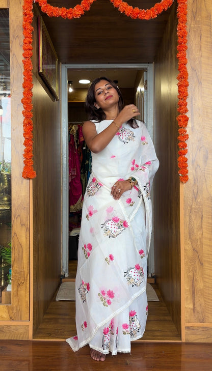 White Party wear Kota linen saree(sleeves attached inside)