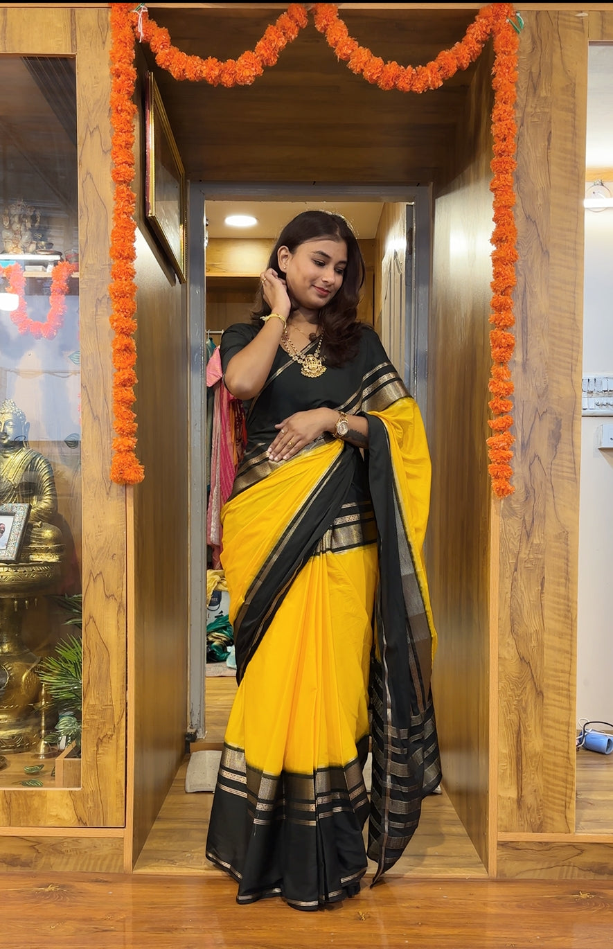 Yellow Mysore crepe silk saree
