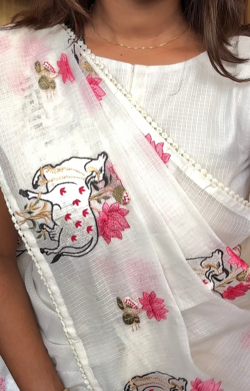 White Party wear Kota linen saree(sleeves attached inside)