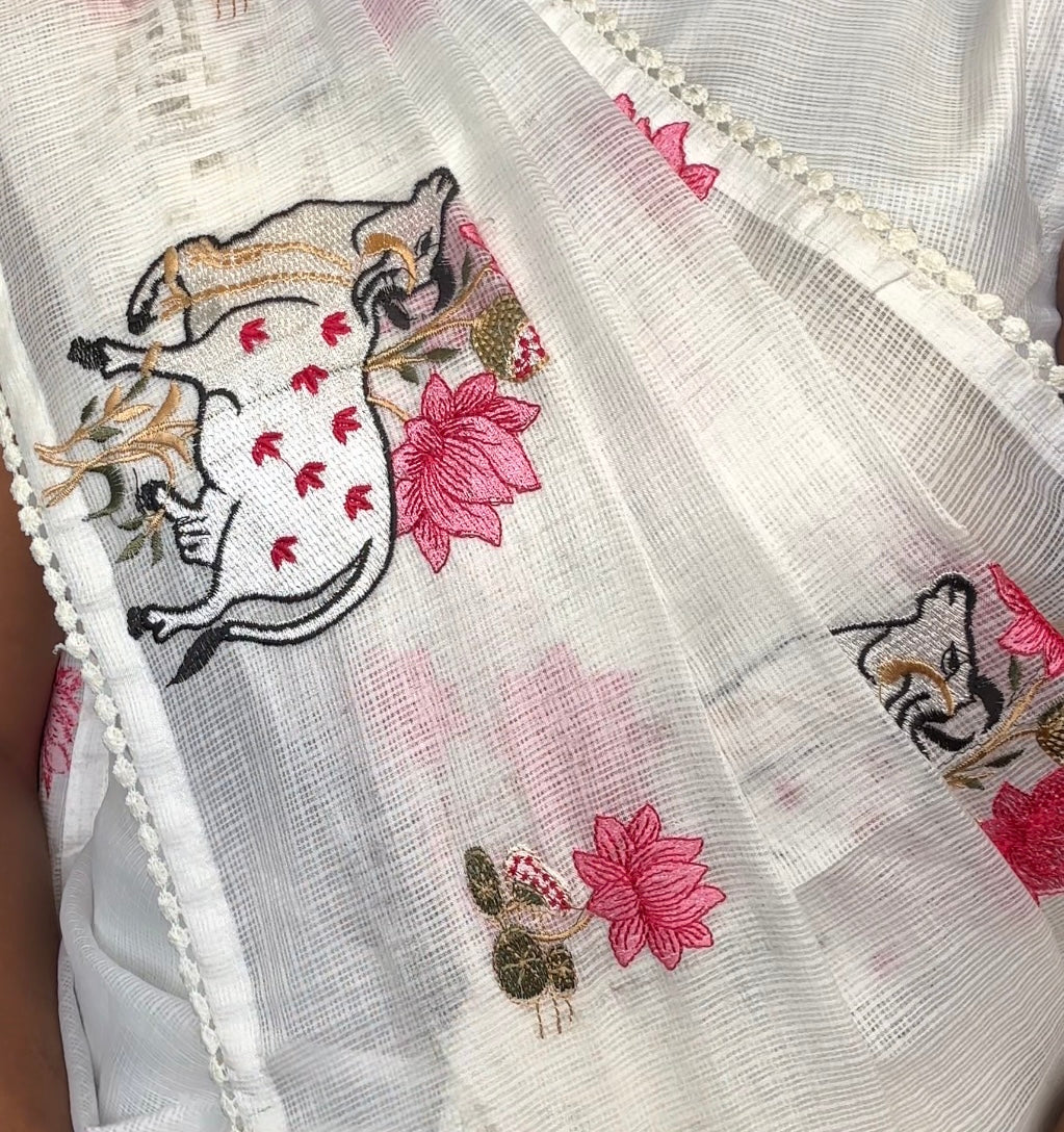 White Party wear Kota linen saree(sleeves attached inside)