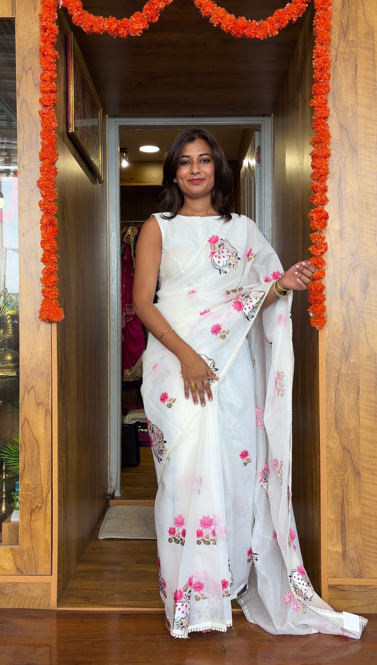 White Party wear Kota linen saree(sleeves attached inside)