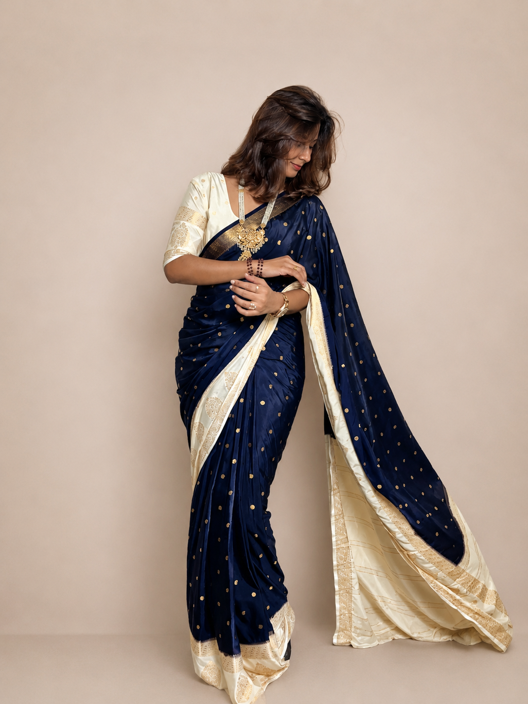 Mysore crepe silk off white boarder saree
