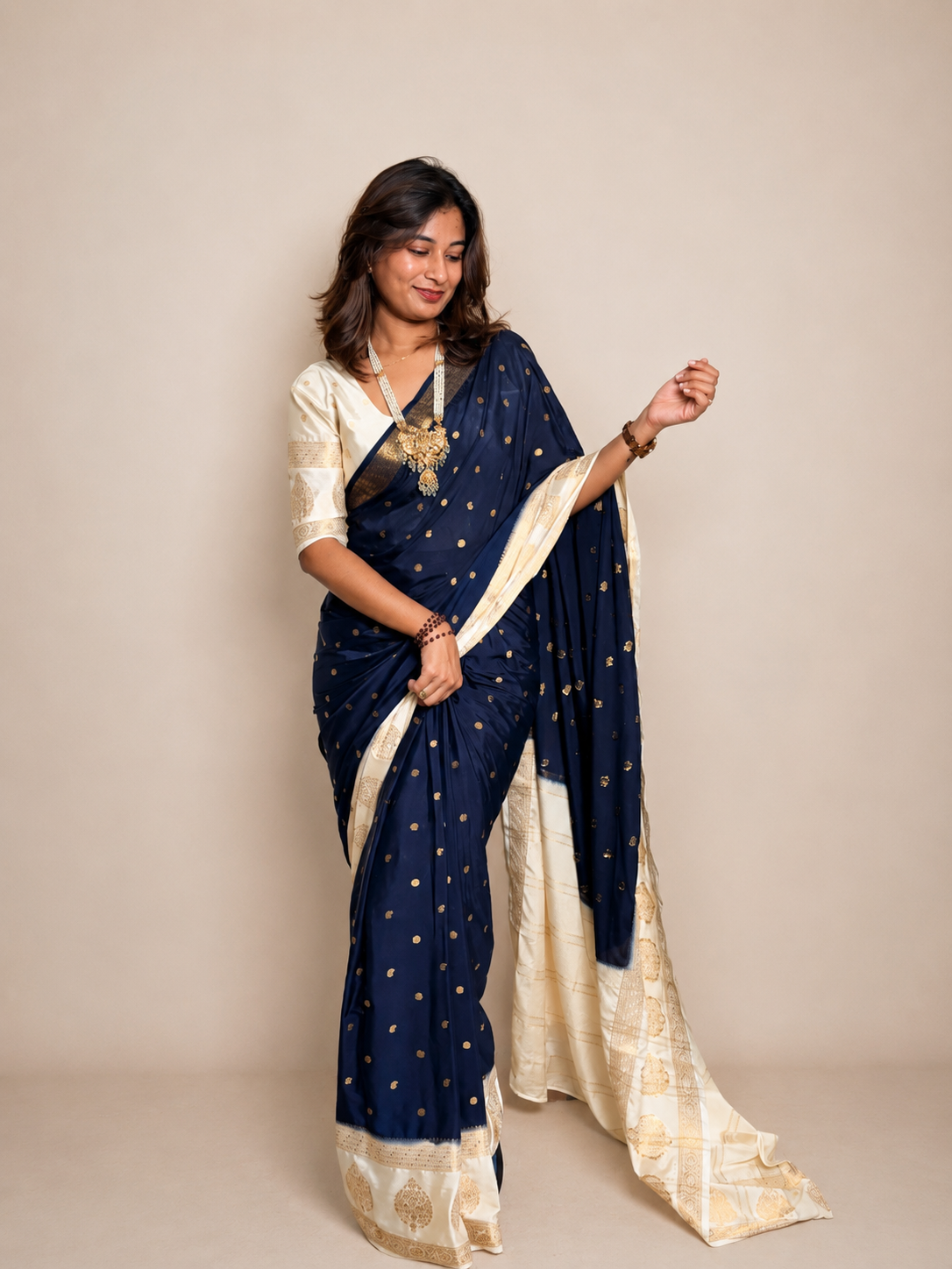 Mysore crepe silk off white boarder saree