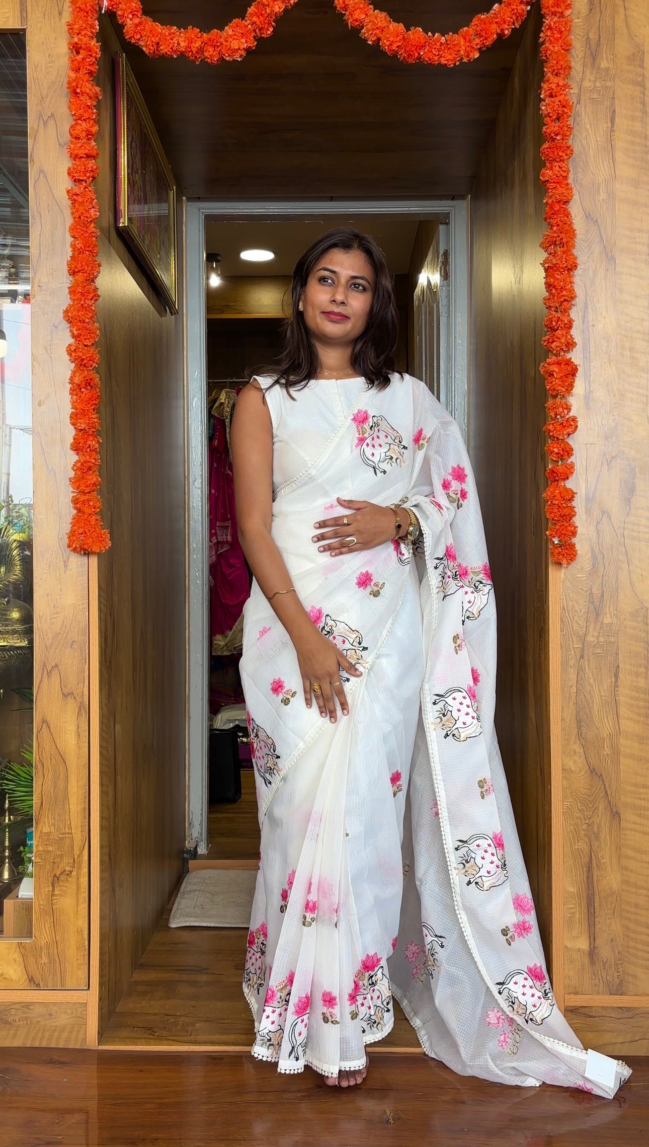 White Party wear Kota linen saree(sleeves attached inside)