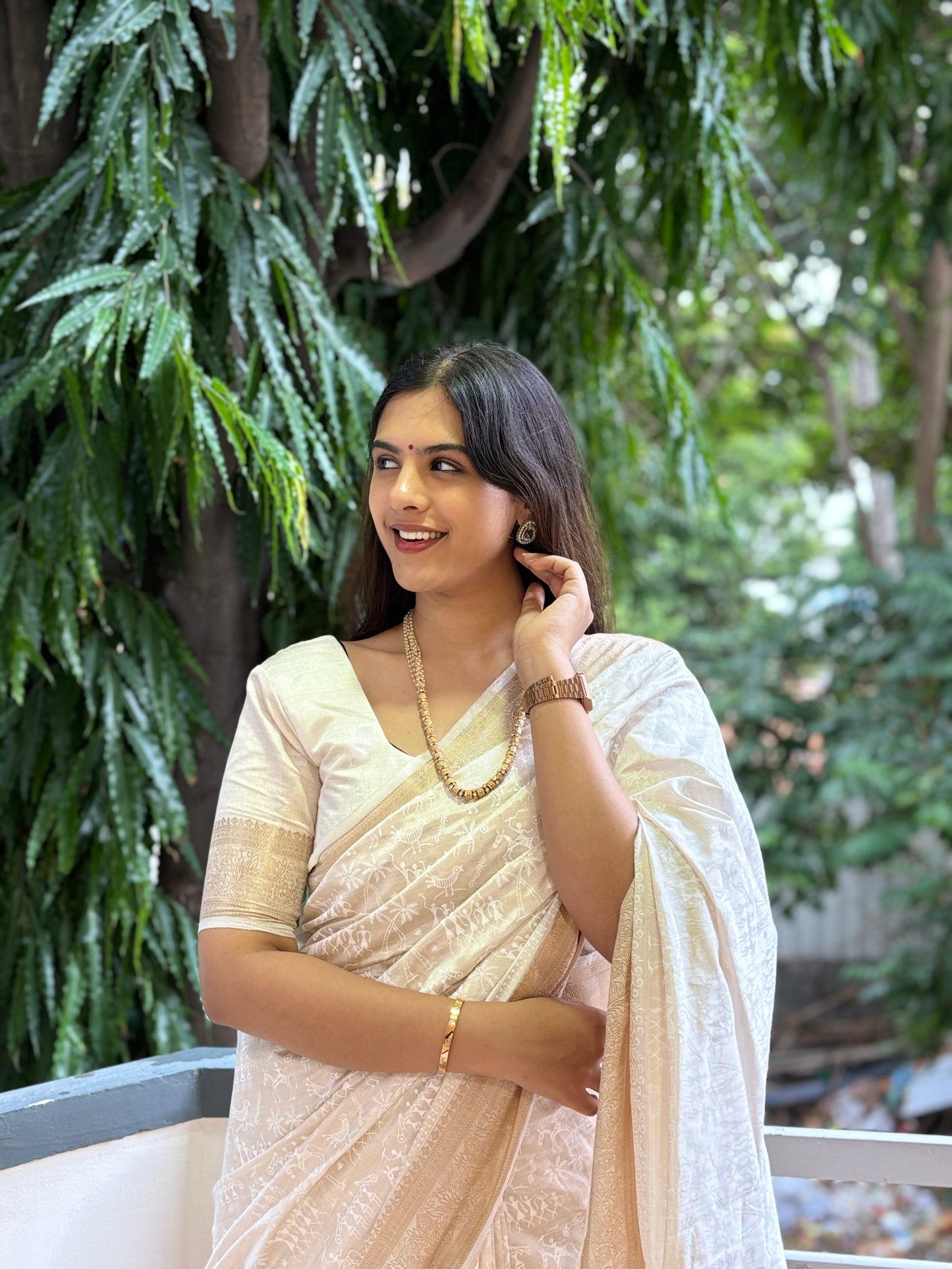 Off white warli printed saree