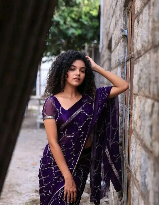 Sequence georgette party wear zip and go  saree with sleeves