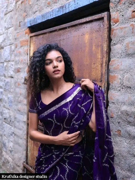 Sequence georgette party wear zip and go  saree with sleeves