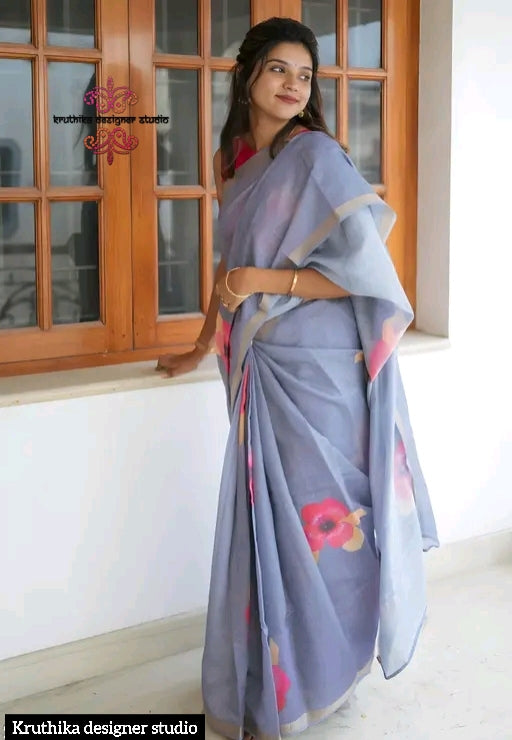 Cotton linen zip n go  saree with highneck (sleeveless)blouse
