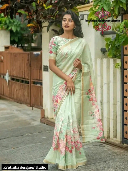 Cotton linen zip n go  saree with highneck blouse