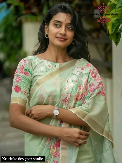 Cotton linen zip n go  saree with highneck blouse