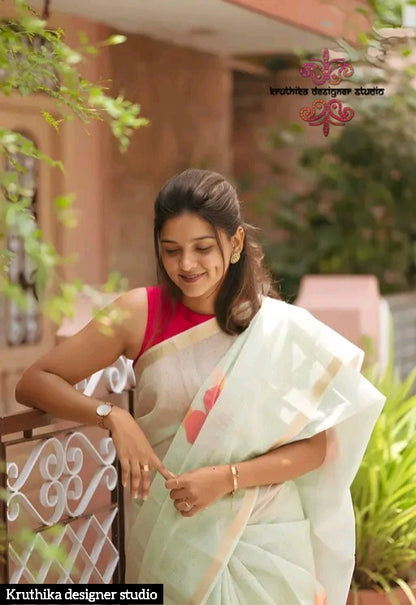 Cotton linen zip n go  saree with highneck (sleeveless)blouse