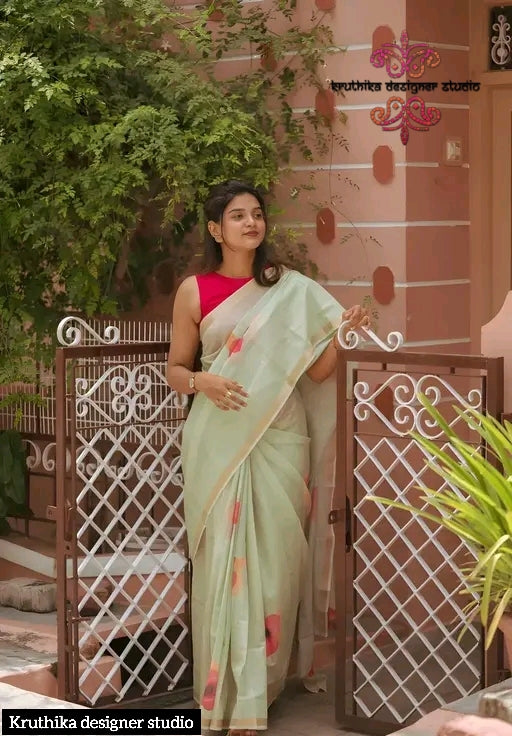 Cotton linen zip n go  saree with highneck (sleeveless)blouse