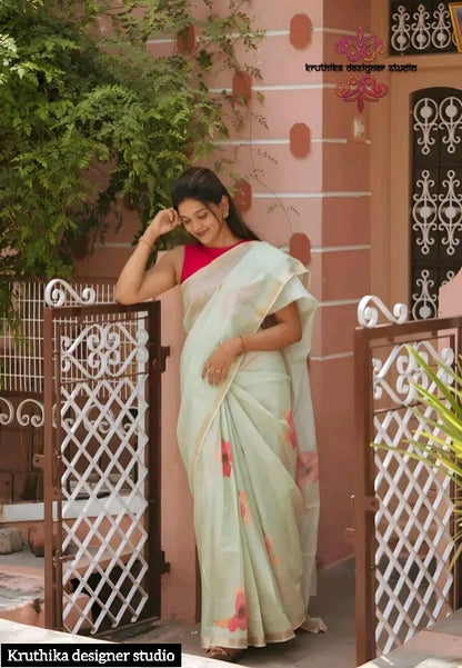 Cotton linen zip n go  saree with highneck (sleeveless)blouse